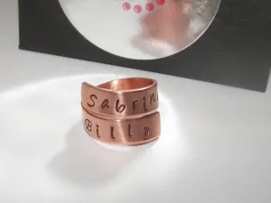 personalized Copper wrap ring personalized ring, custom hand stamped mommy ring, kids names or  couples ring, name ring handstamped jewelry