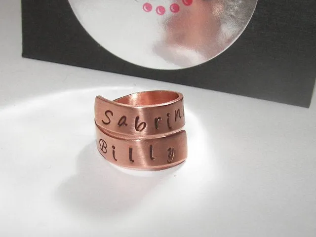 personalized Copper wrap ring personalized ring, custom hand stamped mommy ring, kids names or  couples ring, name ring handstamped jewelry