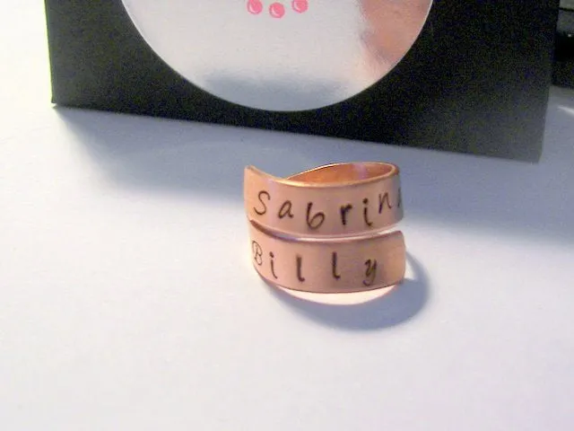 personalized Copper wrap ring personalized ring, custom hand stamped mommy ring, kids names or  couples ring, name ring handstamped jewelry