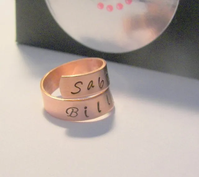 personalized Copper wrap ring personalized ring, custom hand stamped mommy ring, kids names or  couples ring, name ring handstamped jewelry