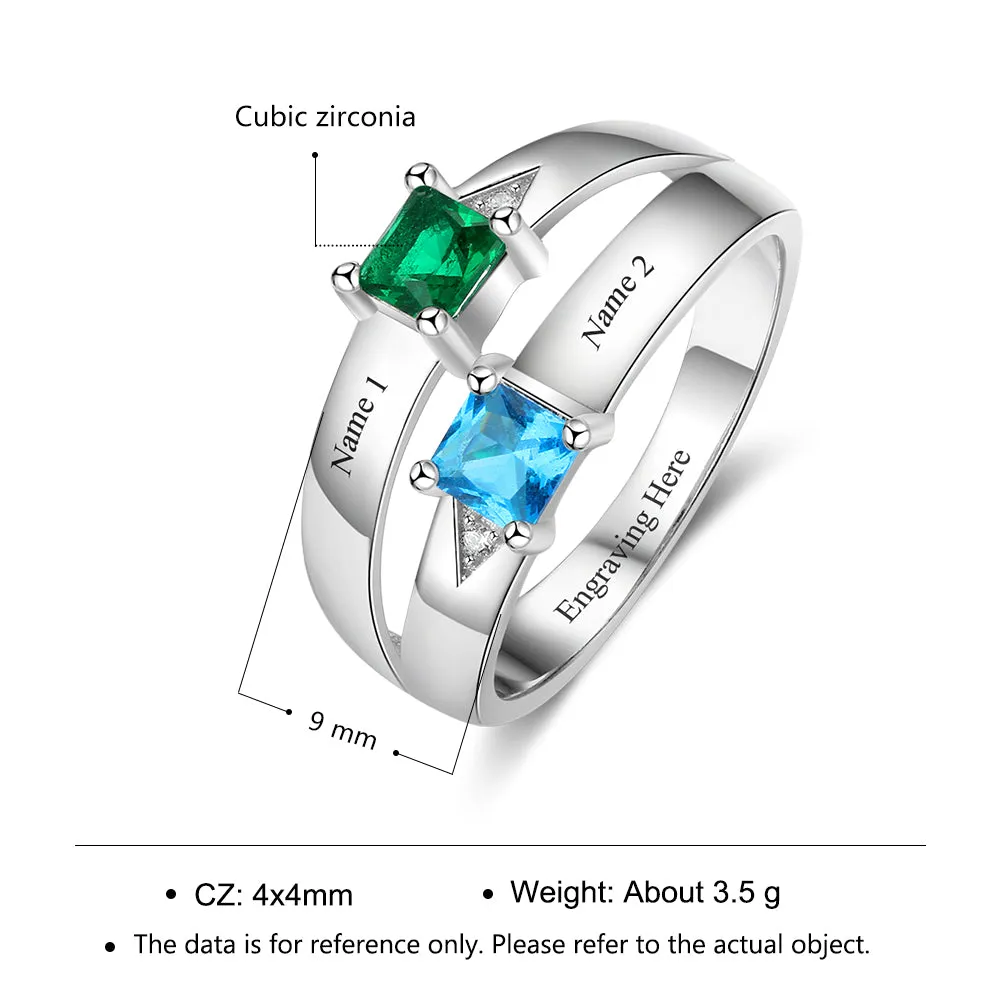 Personalized Gift for Love Engrave names 2 Birthstone Promise Rings For Women 925 Sterling Silver Jewelry