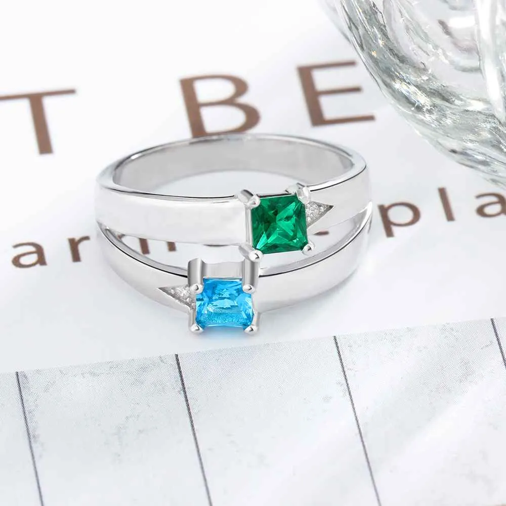 Personalized Gift for Love Engrave names 2 Birthstone Promise Rings For Women 925 Sterling Silver Jewelry
