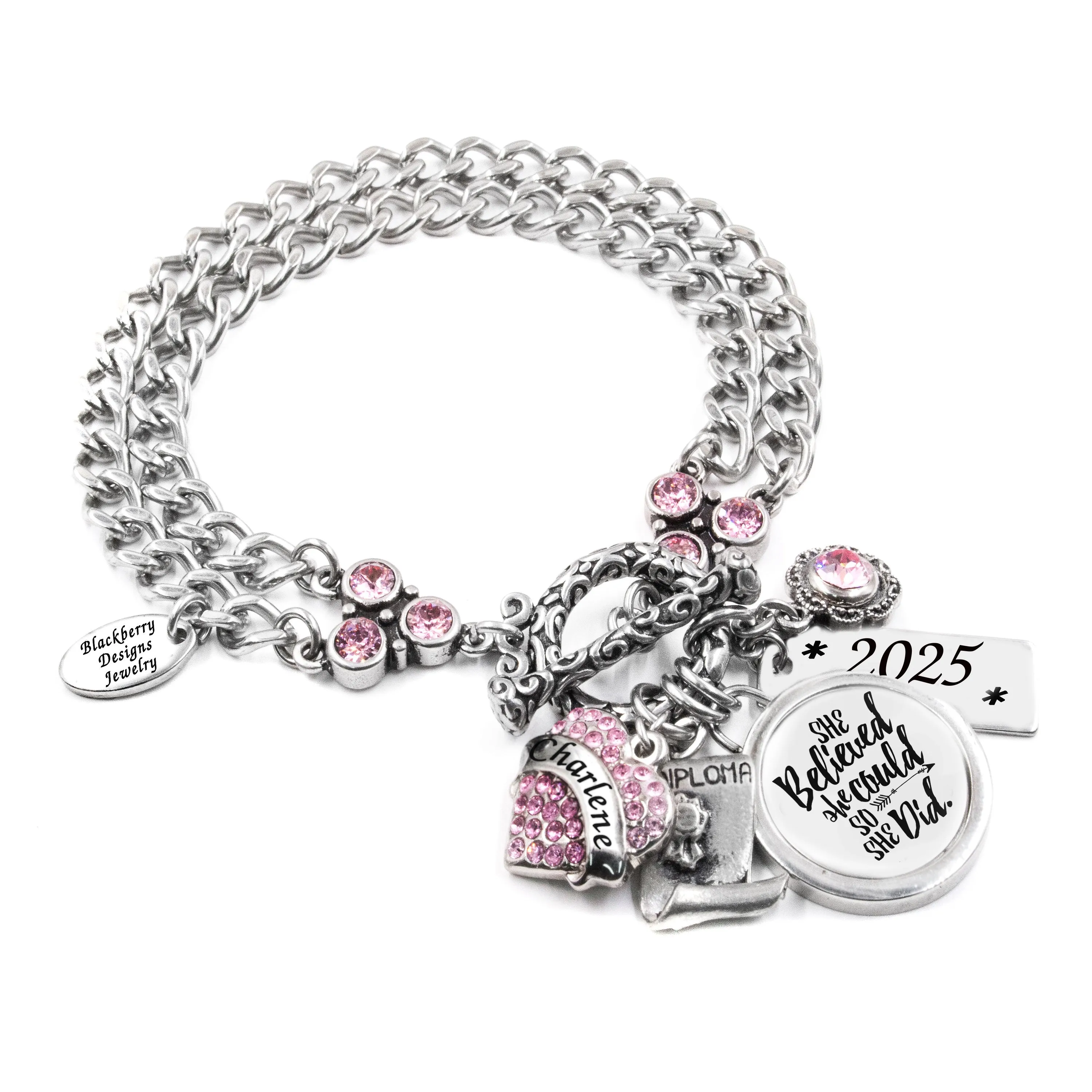 Personalized Graduation Charm Bracelet with Engraved Name