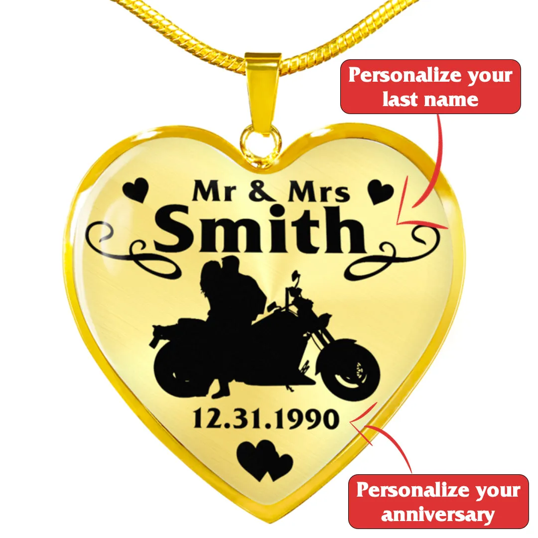 PERSONALIZED Married Biker Couple Heart Necklace