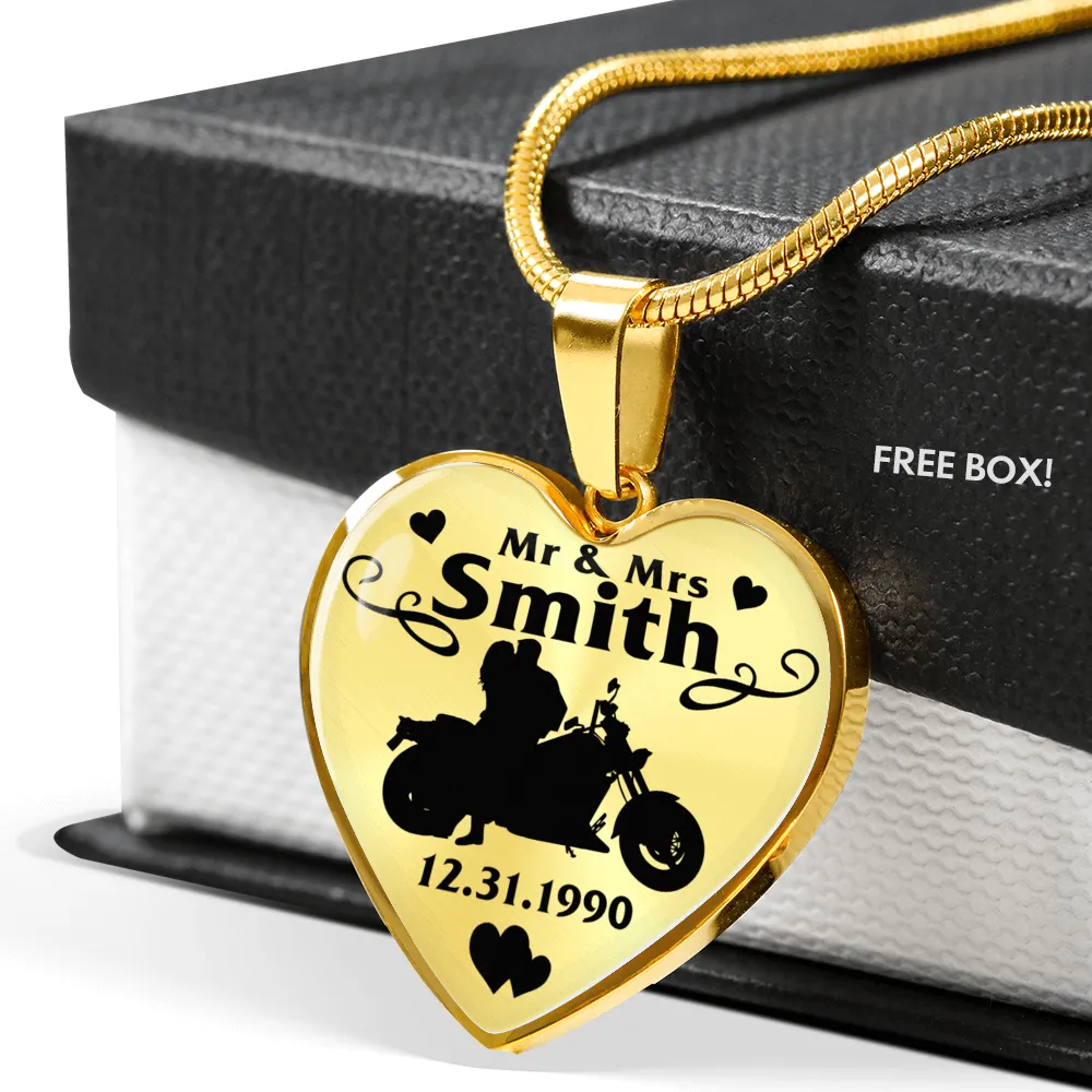 PERSONALIZED Married Biker Couple Heart Necklace