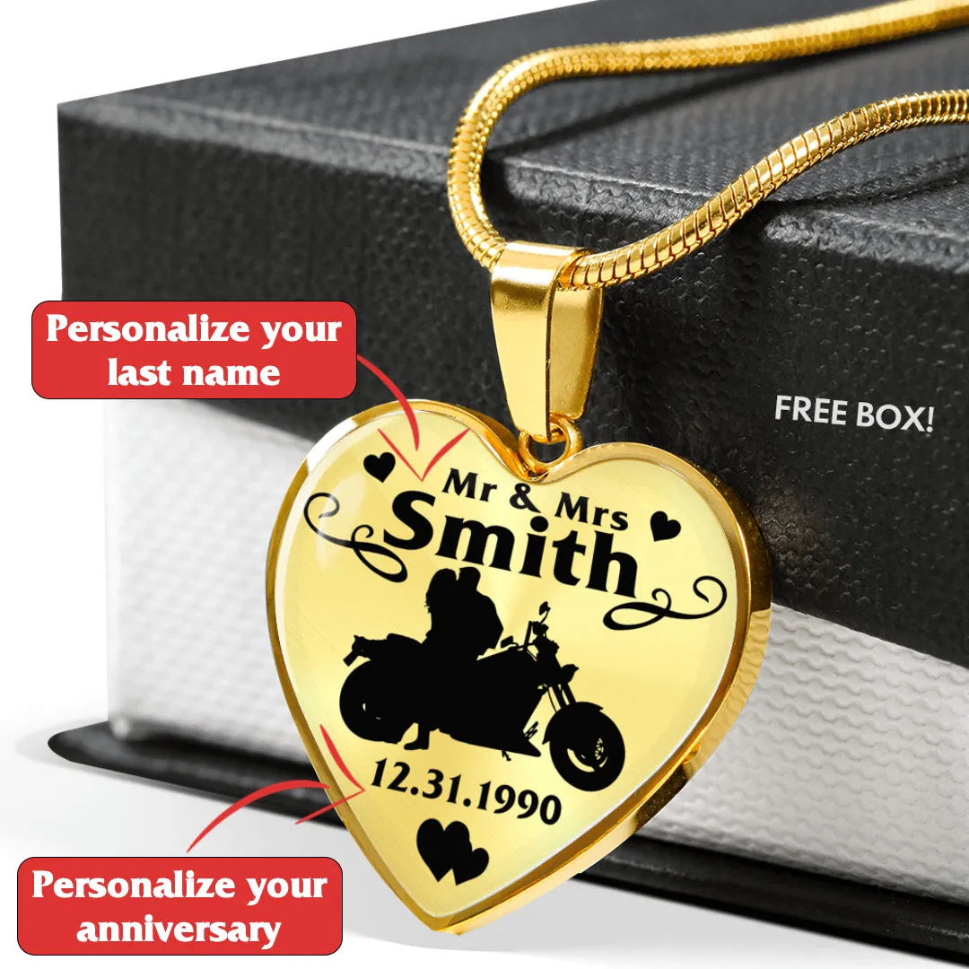 PERSONALIZED Married Biker Couple Heart Necklace