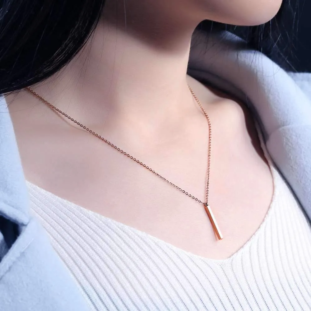 Personalized Rose Gold Color Stainless Steel Necklace with Vertical Bar Engrave Name Pendant, Trendy Jewelry Gift for Women