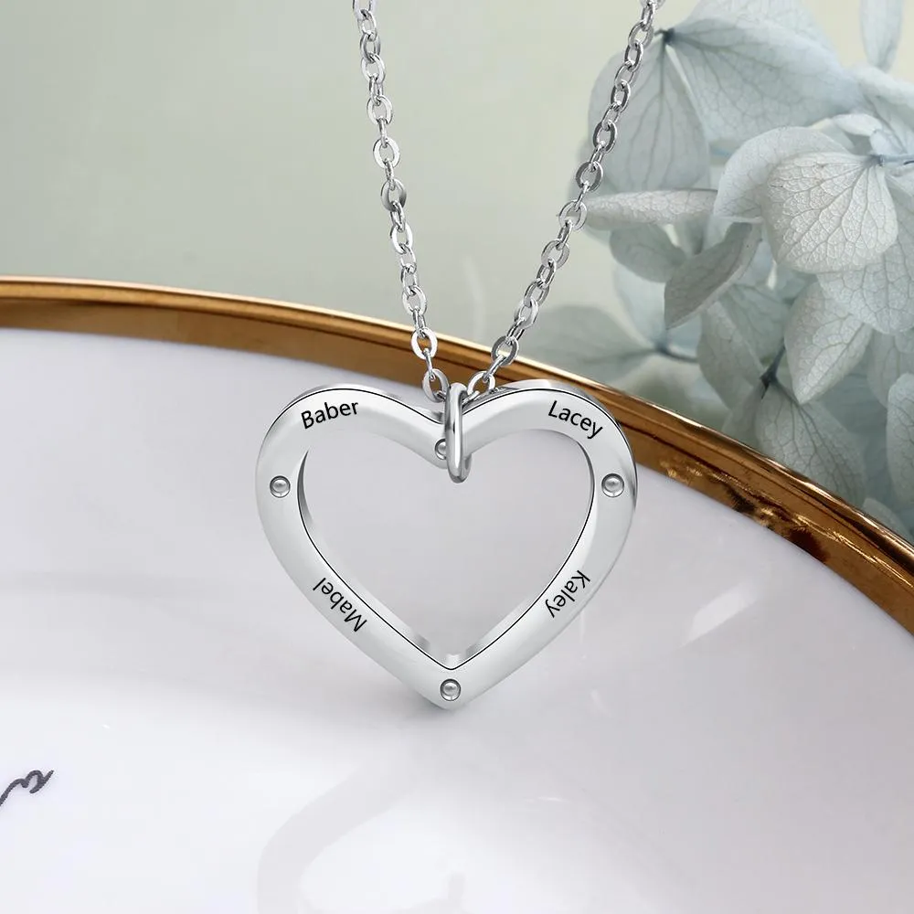 Personalized Silver 4 Name Necklace with Heart Shape Love Pendant, Trendy Jewelry for Women