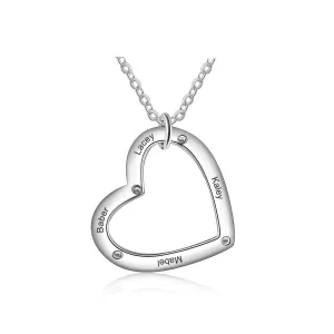 Personalized Silver 4 Name Necklace with Heart Shape Love Pendant, Trendy Jewelry for Women
