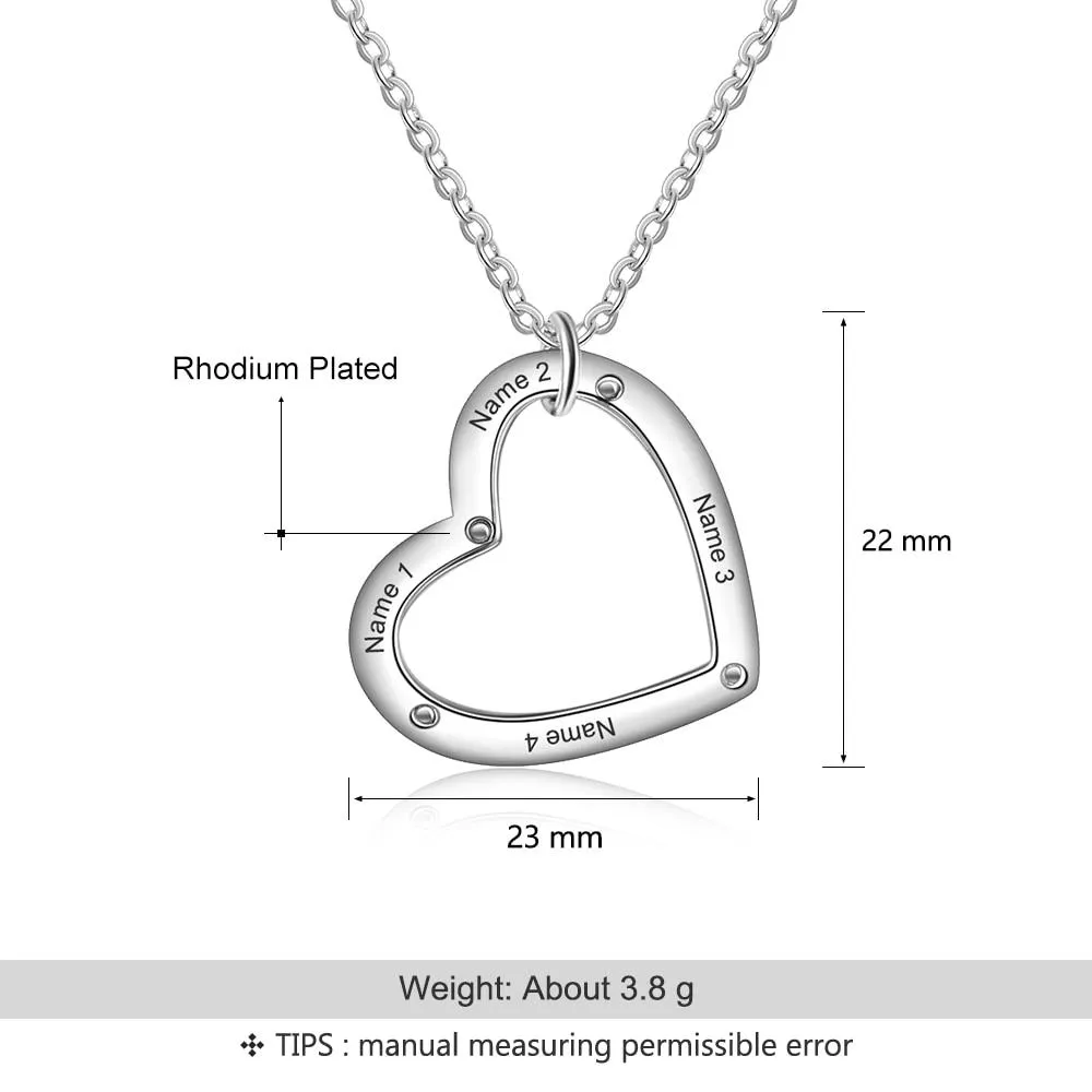Personalized Silver 4 Name Necklace with Heart Shape Love Pendant, Trendy Jewelry for Women
