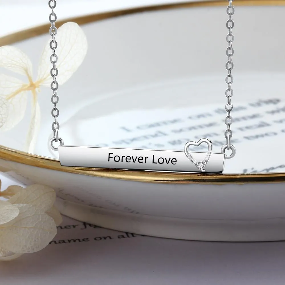 Personalized Silver Engraved Name Necklace with Strip-Shaped & Hollow Heart Pendant, Trendy Women's Jewelry with Cubic Zirconia