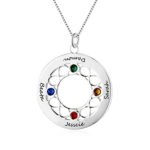 Personalized Women’s 925 Sterling Silver Name Necklace with 4 Birthstones, Trendy Customized Name Engrave Pendant for Sister, Fashion Jewelry