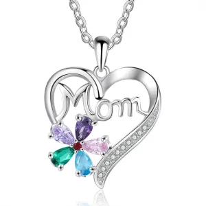 Personalized Women’s Copper Necklace with Customize Mom Heart-Shaped Flower Pendant, Add up to 5 Birthstones, Classic Fashion Jewelry for Mother