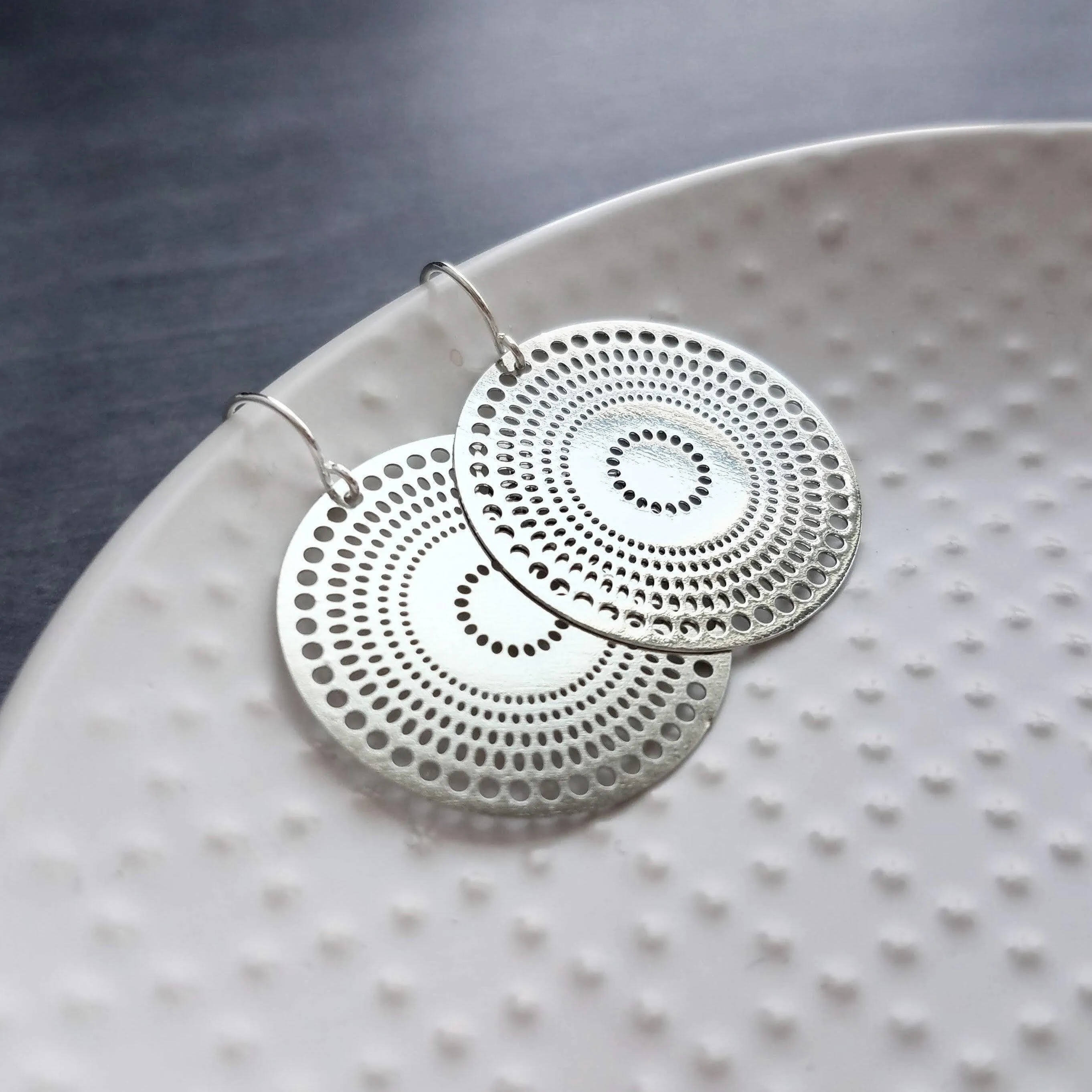 Pierced Silver Disk Earrings, dotted circle earrings, small round earring, mandala earring, silver coin earrings, punched dots, 1 in small