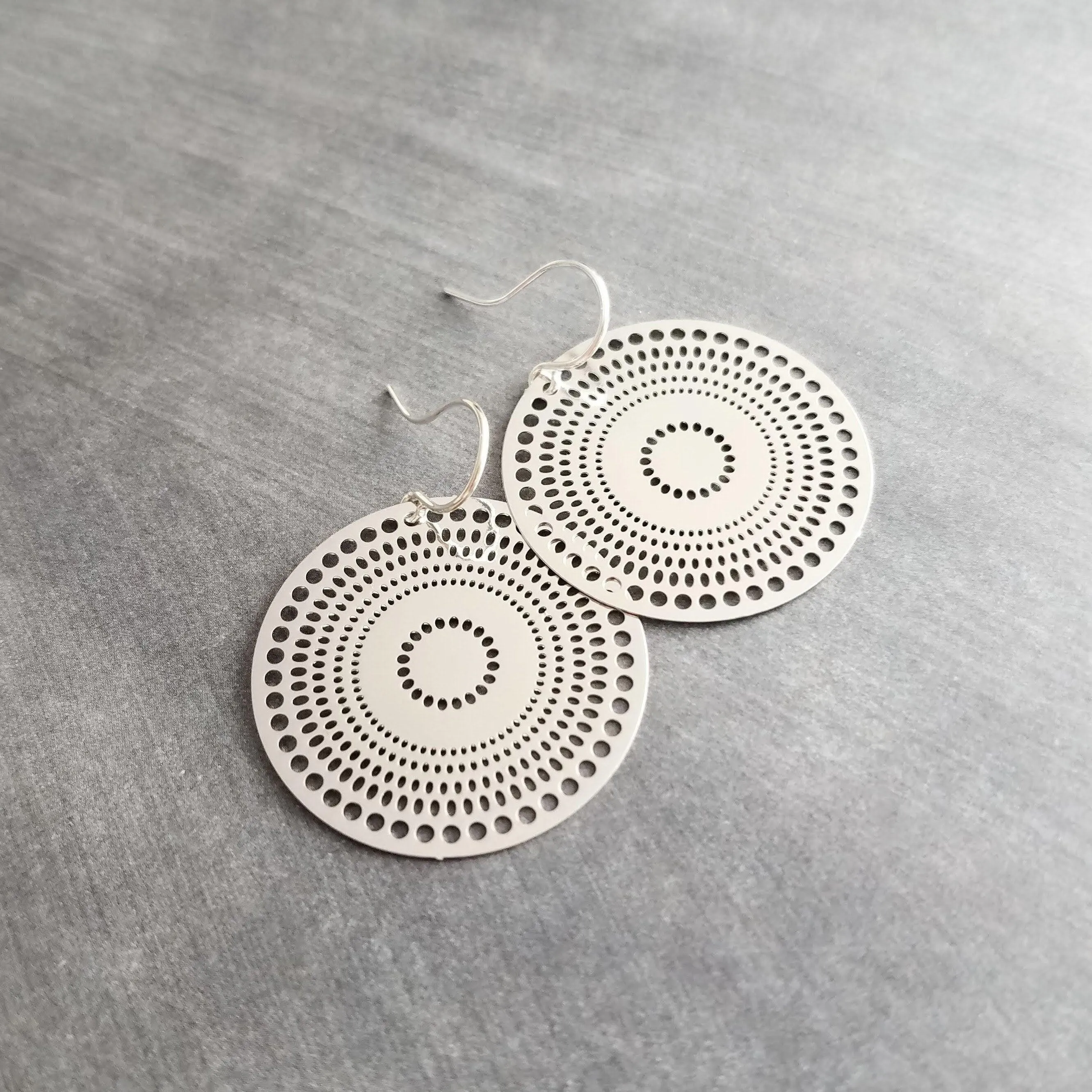 Pierced Silver Disk Earrings, dotted circle earrings, small round earring, mandala earring, silver coin earrings, punched dots, 1 in small