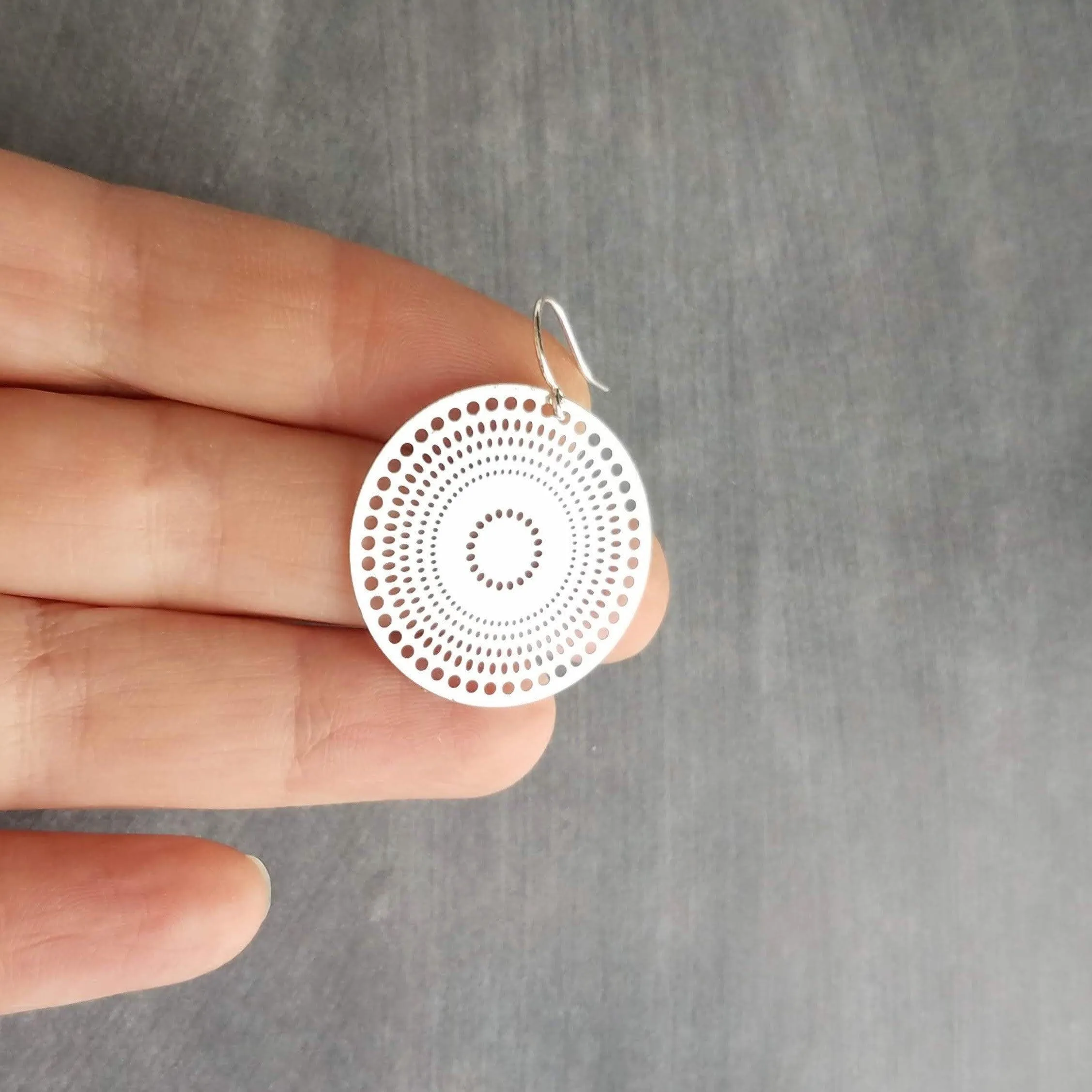 Pierced Silver Disk Earrings, dotted circle earrings, small round earring, mandala earring, silver coin earrings, punched dots, 1 in small