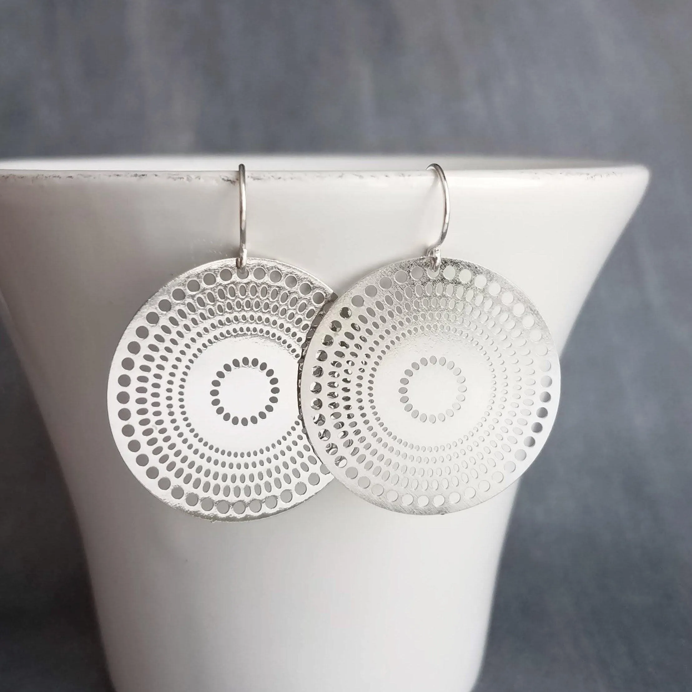 Pierced Silver Disk Earrings, dotted circle earrings, small round earring, mandala earring, silver coin earrings, punched dots, 1 in small