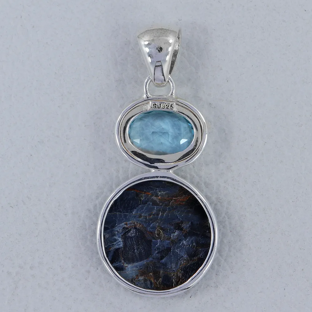 Pietersite & Blue Topaz Silver Pendant