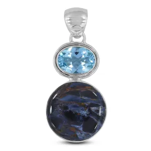 Pietersite & Blue Topaz Silver Pendant