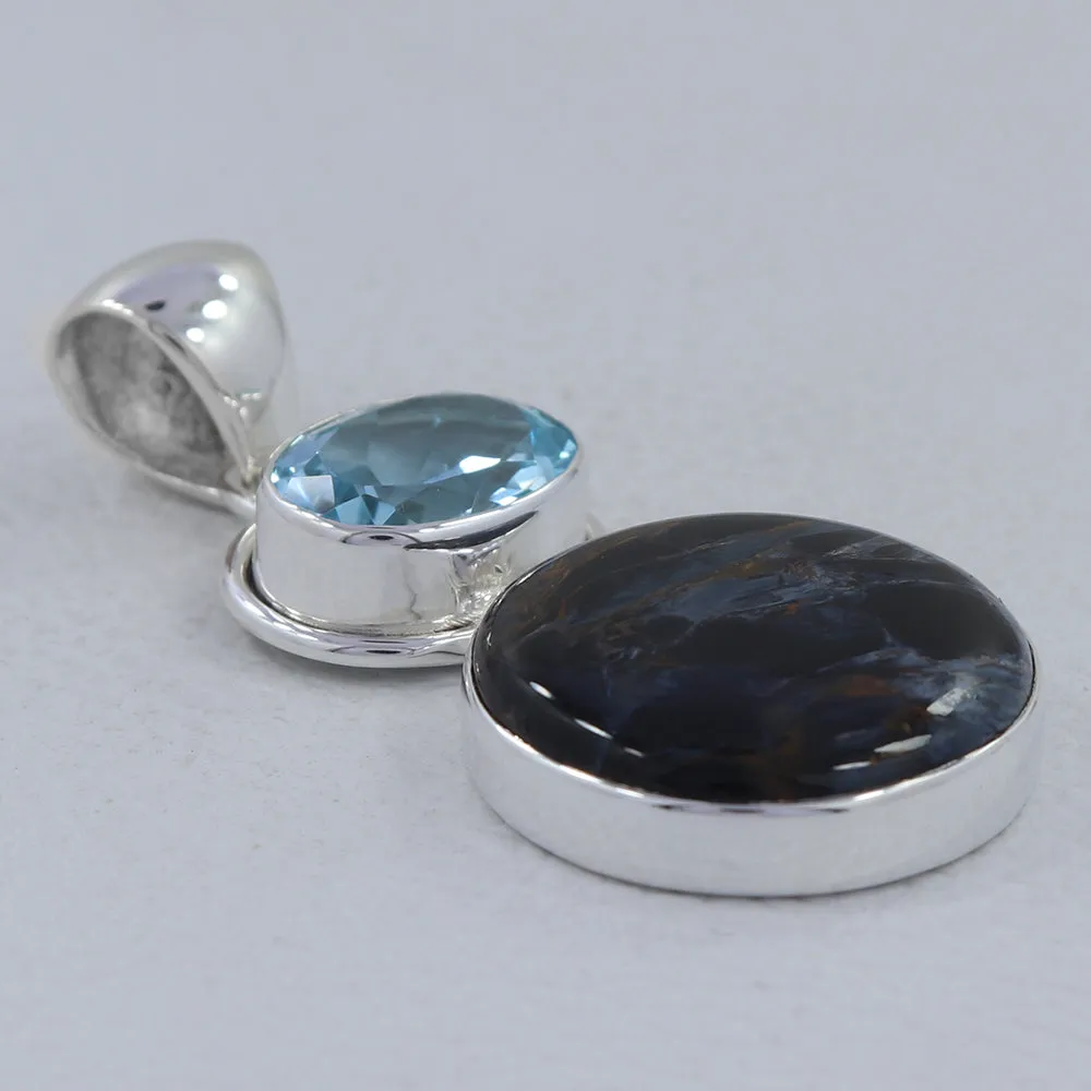 Pietersite & Blue Topaz Silver Pendant