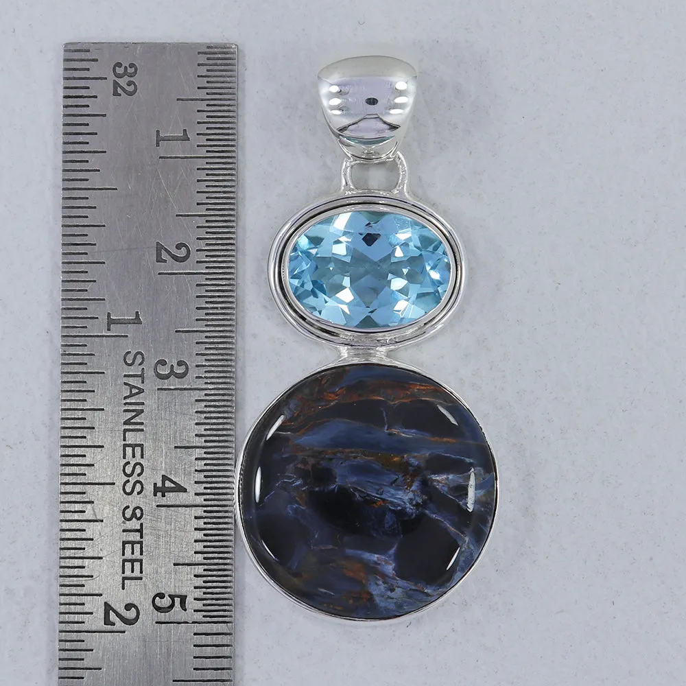 Pietersite & Blue Topaz Silver Pendant