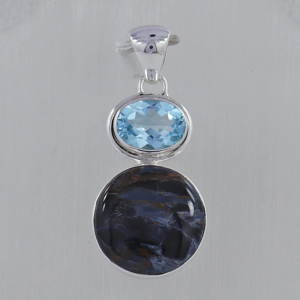 Pietersite & Blue Topaz Silver Pendant