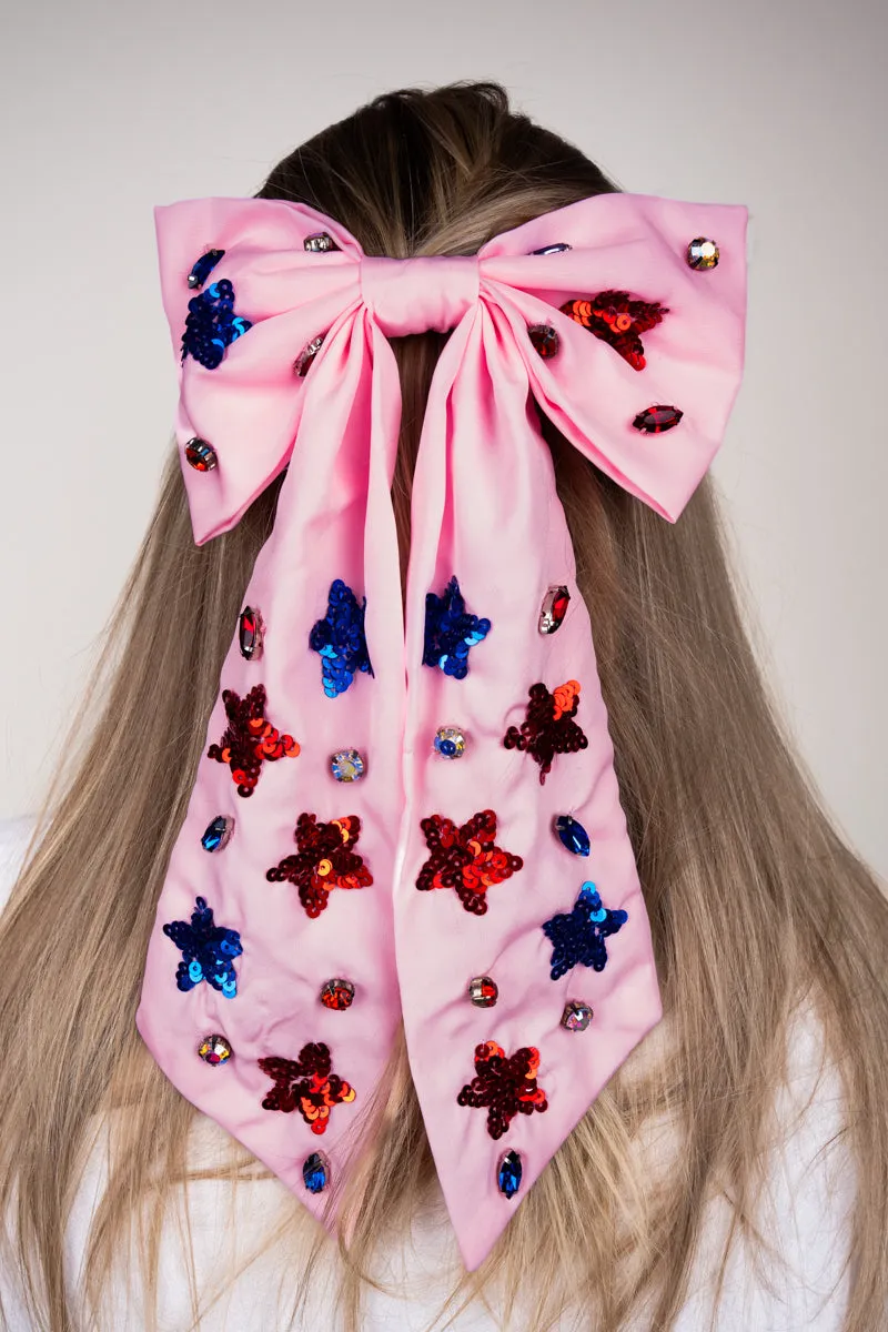 Pink Patriotic Star Seed Bead Hair Bow Barrette