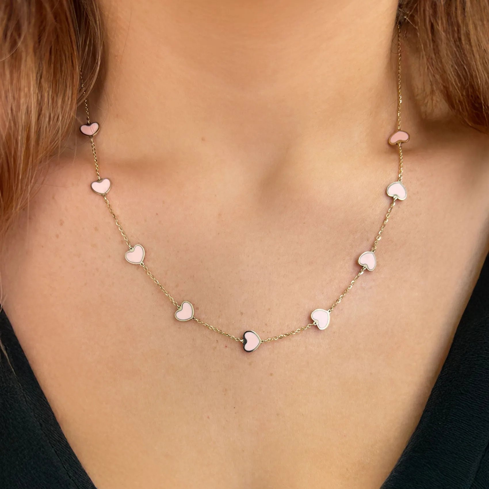 Pink Pearl Heart Station Necklace