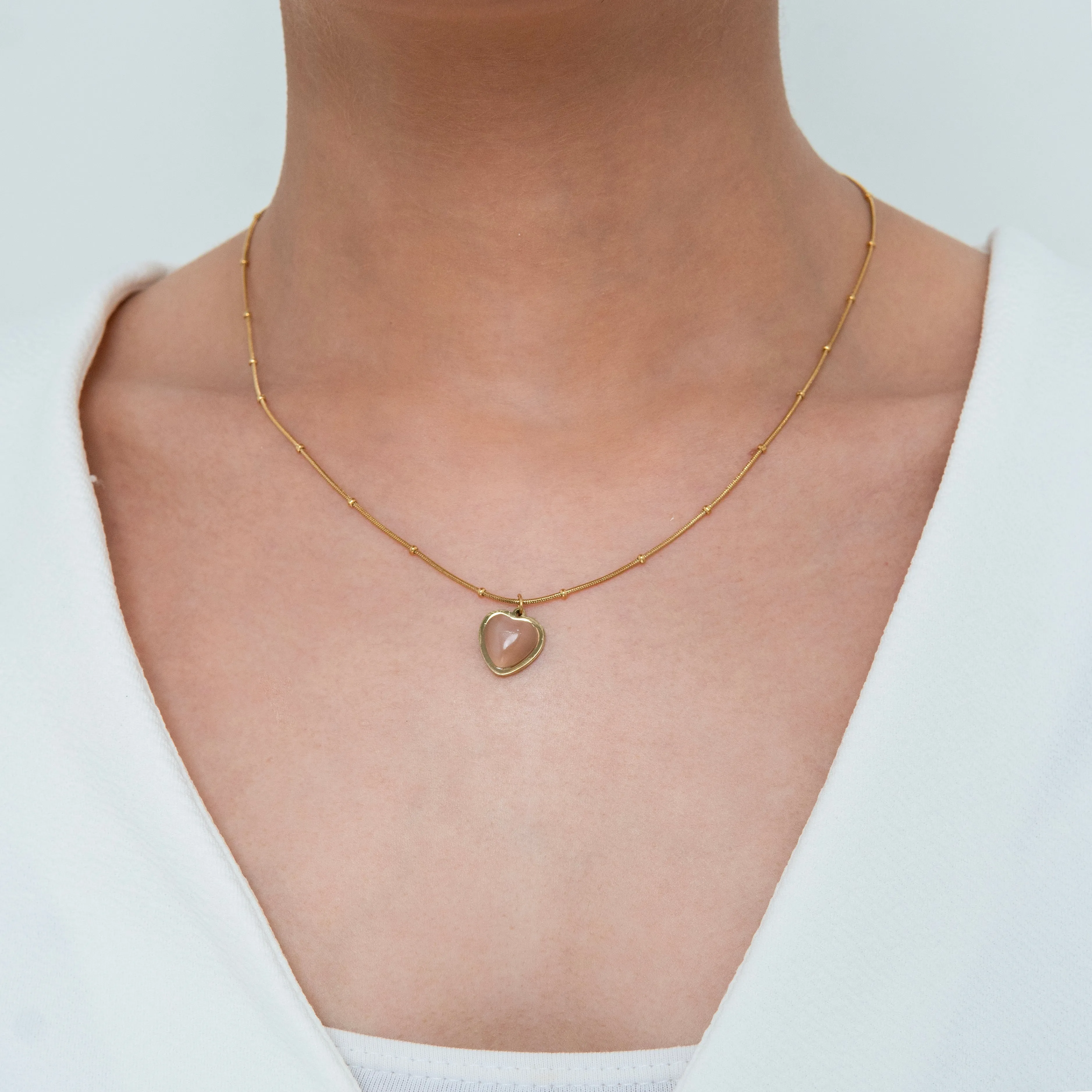 Pink Sapphire Pearl Heart Necklace Gold Plated, Waterproof and Anti-Tarnish