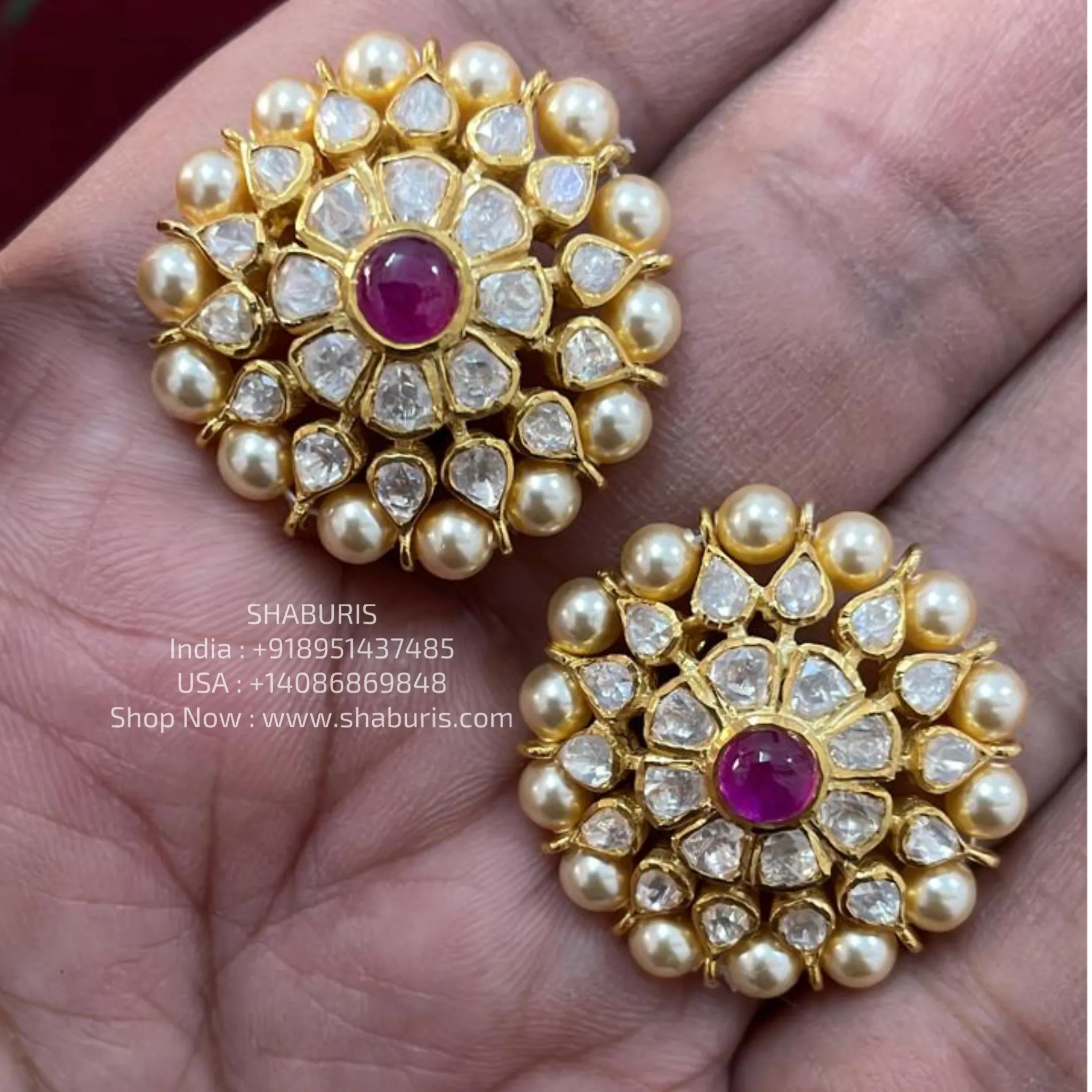 Polki studs - 925 silver Jewelry,South Indian Jewelry,bridal earrings,Indian Wedding Jewelry,pure Silver indian jewelry - SHABURIS
