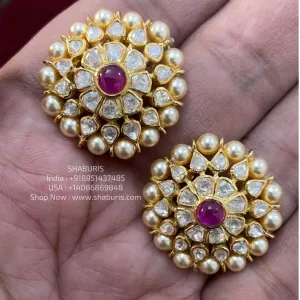 Polki studs - 925 silver Jewelry,South Indian Jewelry,bridal earrings,Indian Wedding Jewelry,pure Silver indian jewelry - SHABURIS