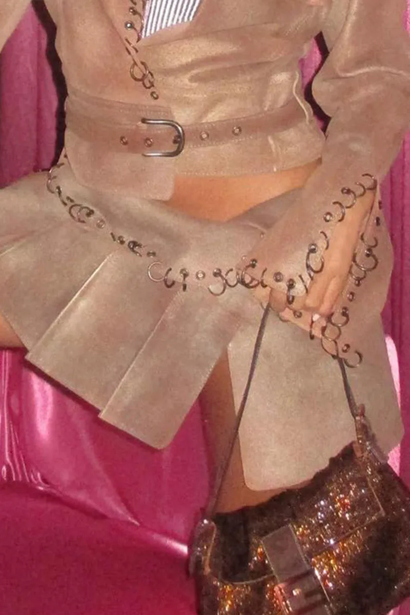 QF0471 Faux Suede Pleated Skirt