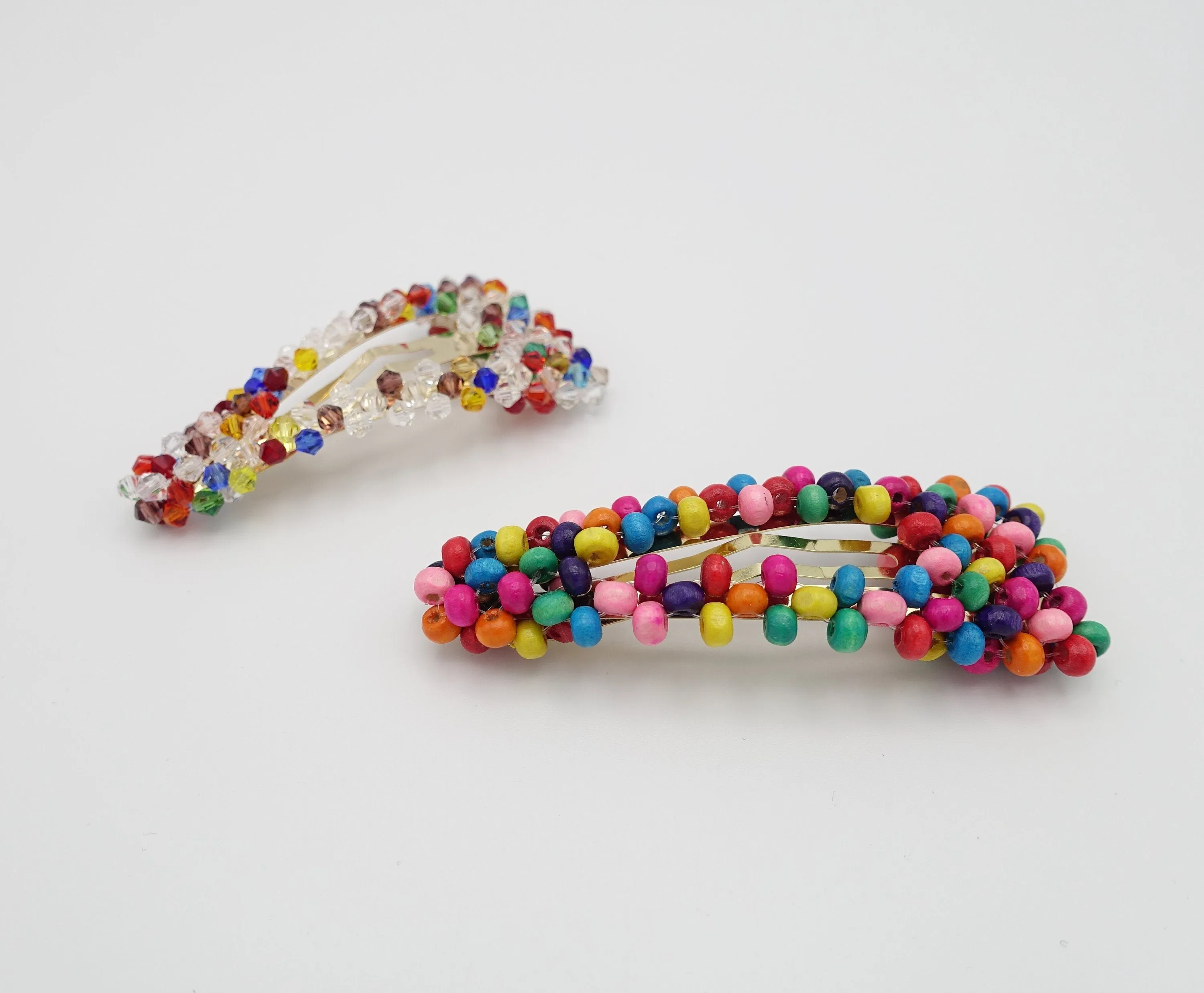 rainbow crystal beaded snap clip wood embellished hair clip woman hair accessory