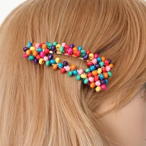 rainbow crystal beaded snap clip wood embellished hair clip woman hair accessory