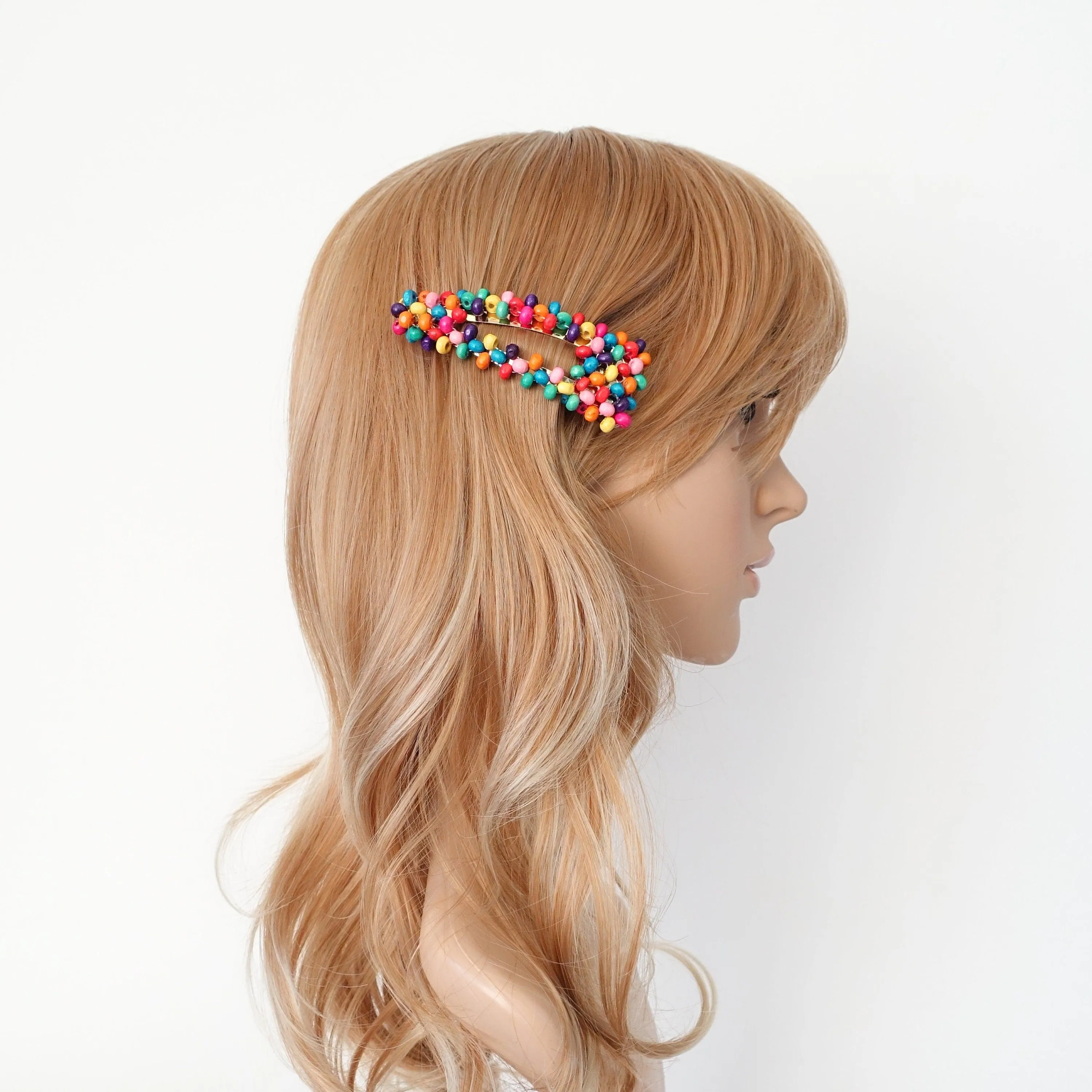 rainbow crystal beaded snap clip wood embellished hair clip woman hair accessory