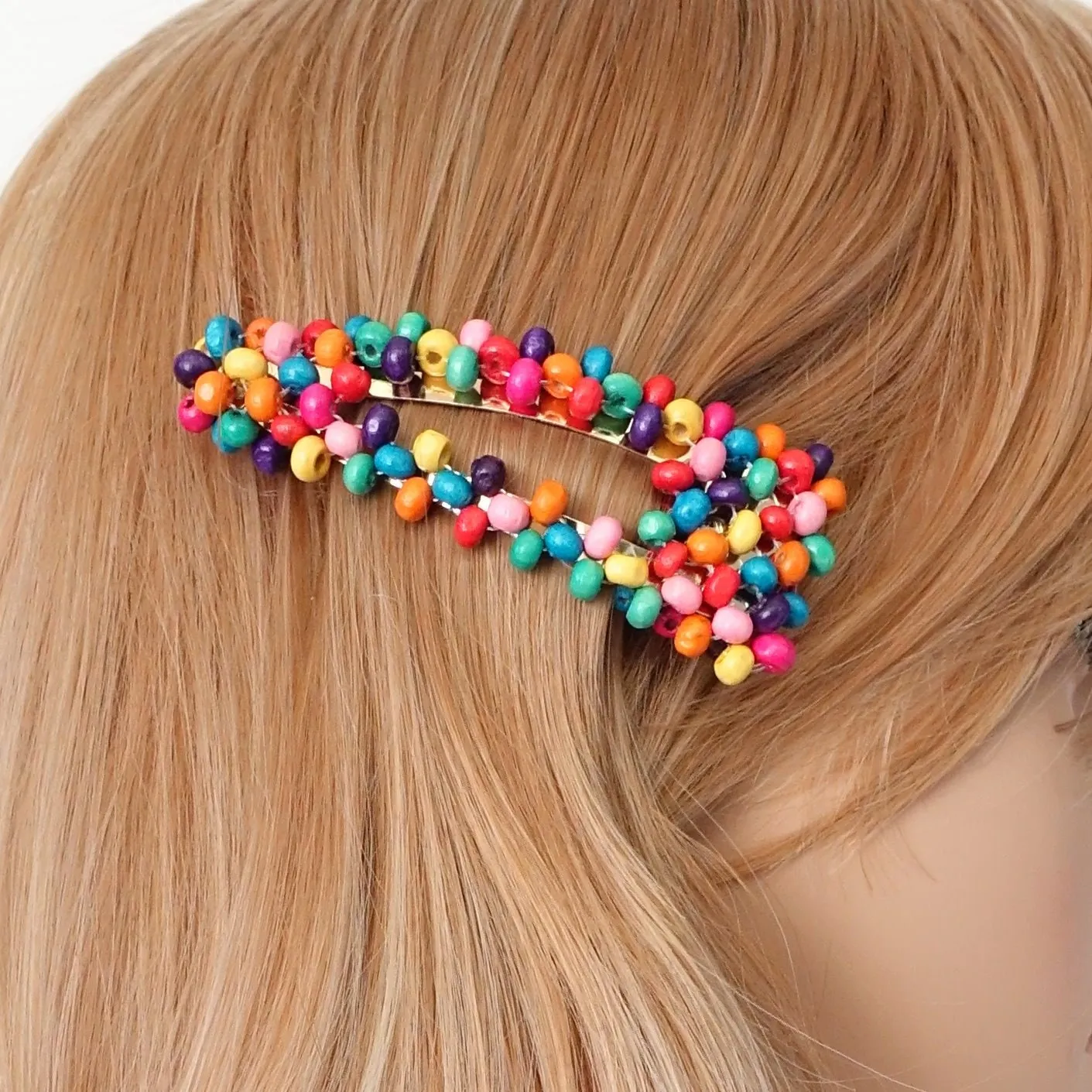 rainbow crystal beaded snap clip wood embellished hair clip woman hair accessory