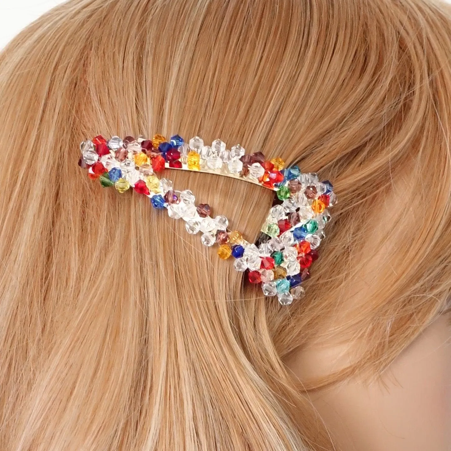 rainbow crystal beaded snap clip wood embellished hair clip woman hair accessory