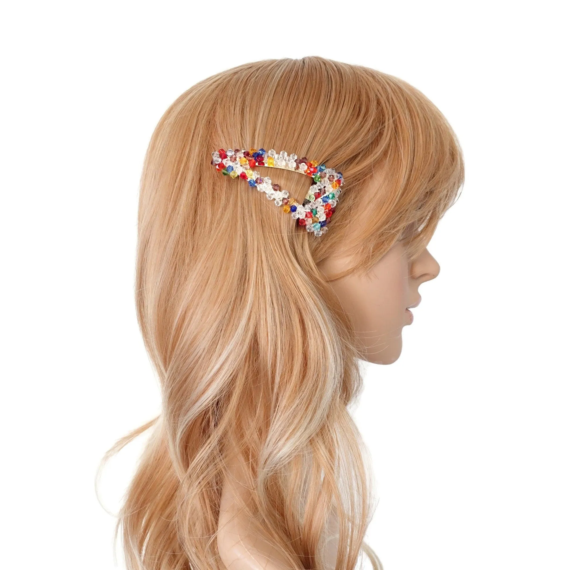 rainbow crystal beaded snap clip wood embellished hair clip woman hair accessory