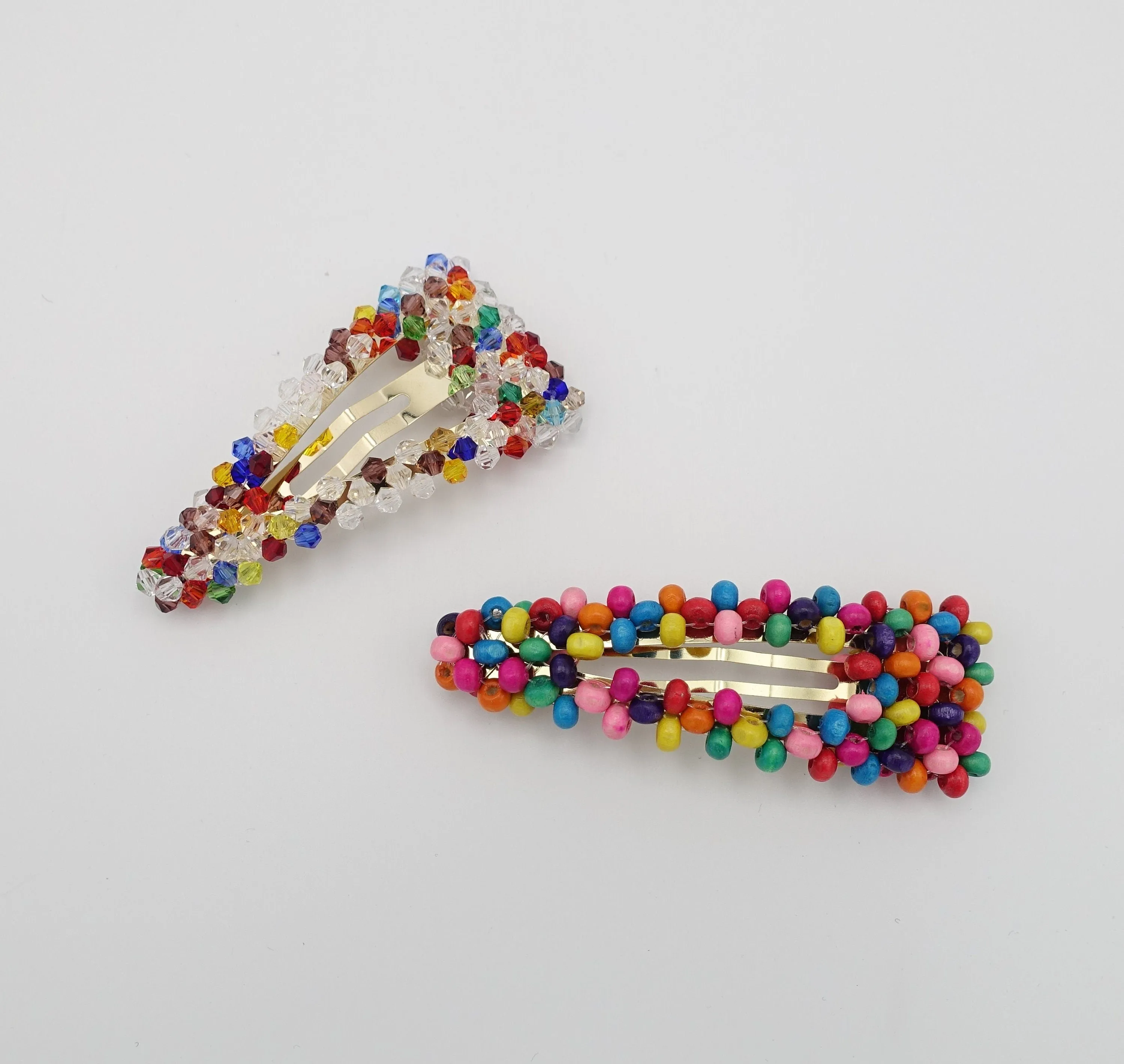 rainbow crystal beaded snap clip wood embellished hair clip woman hair accessory
