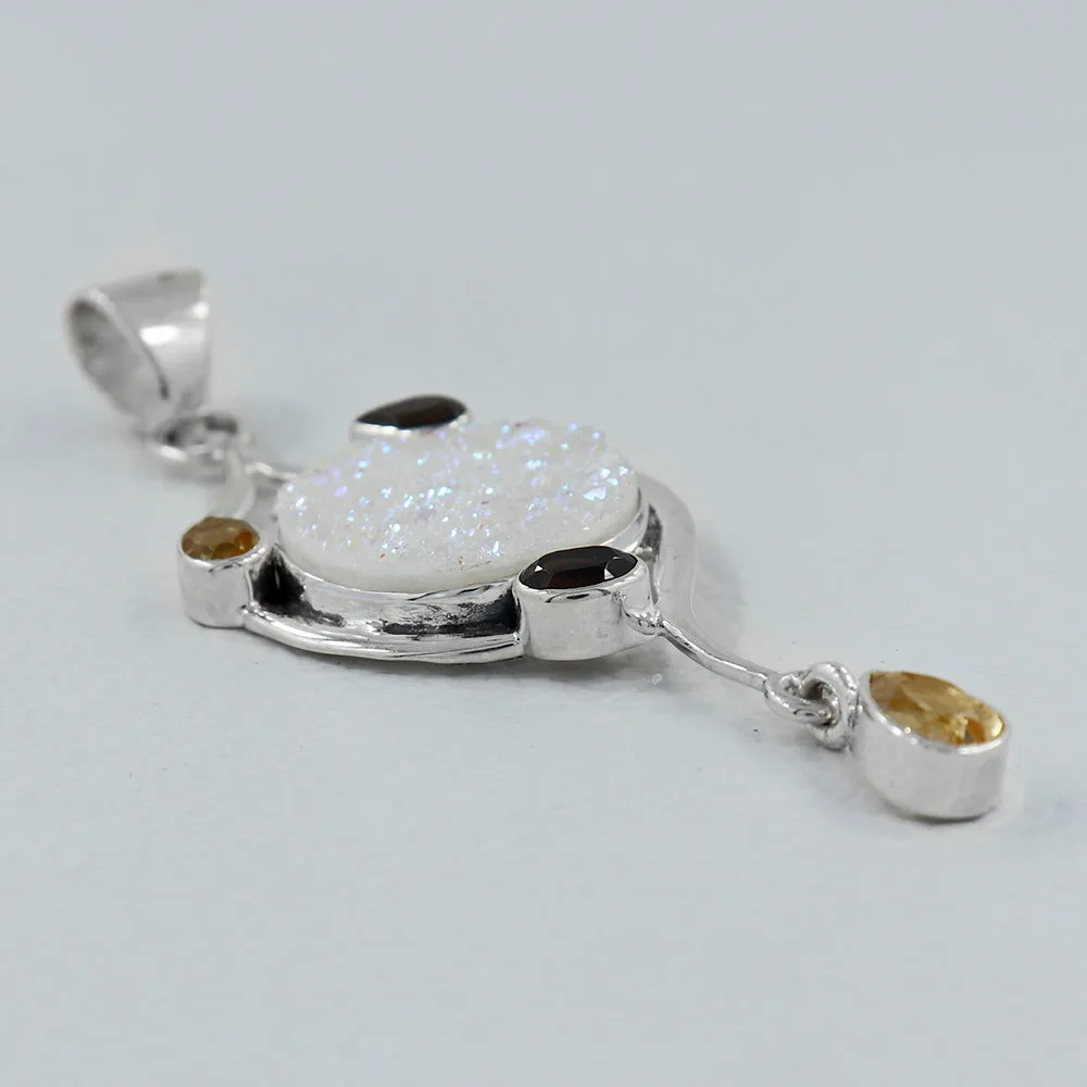 Rainbow Titanium Druzy Silver Pendant