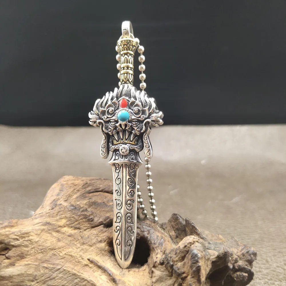Real Solid 925 Sterling Silver Necklace Pendant Jewelry Dragon King Warrior Sword 24"