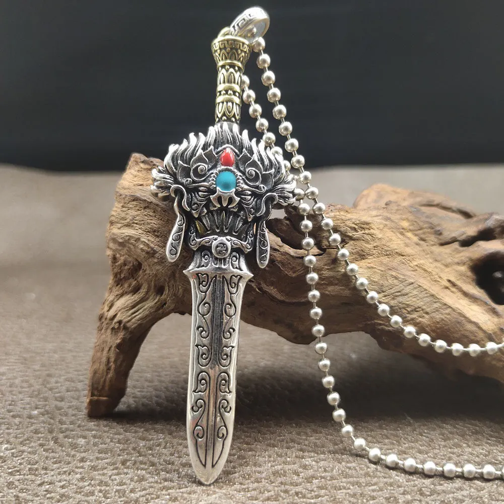 Real Solid 925 Sterling Silver Necklace Pendant Jewelry Dragon King Warrior Sword 24"