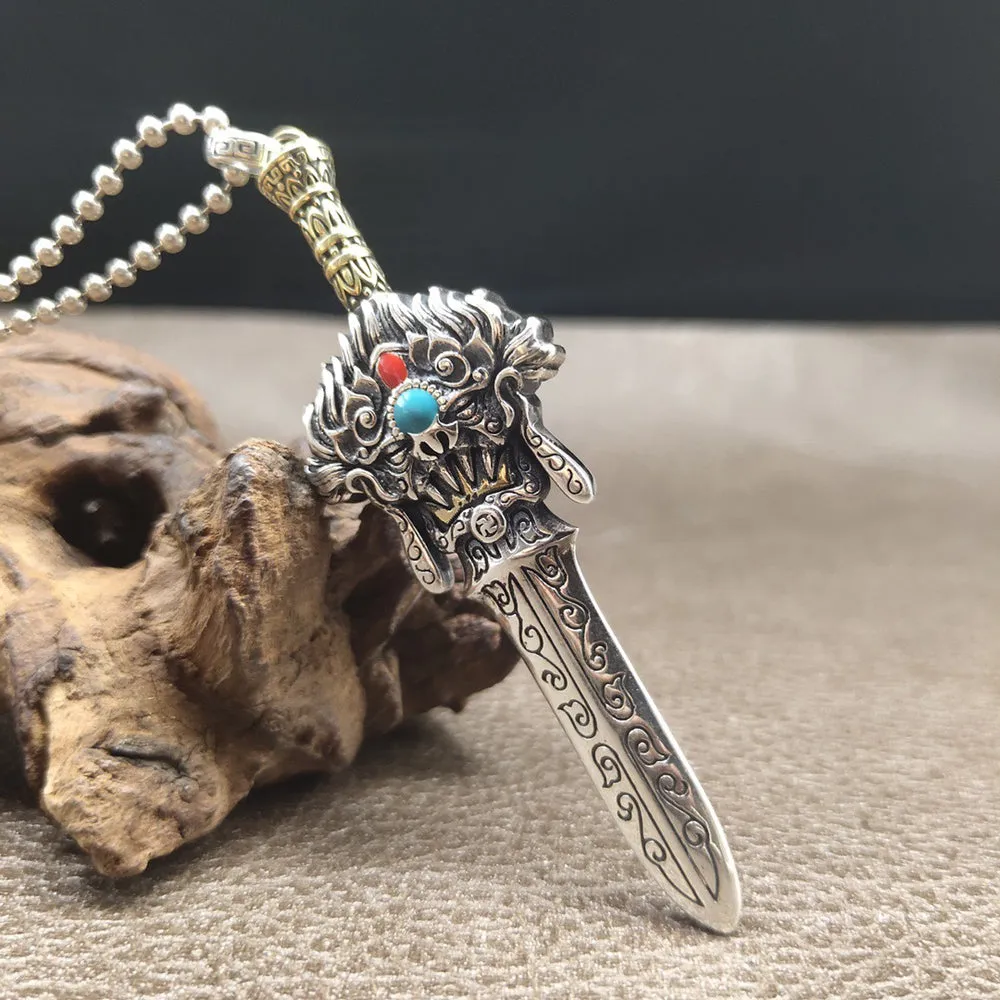 Real Solid 925 Sterling Silver Necklace Pendant Jewelry Dragon King Warrior Sword 24"