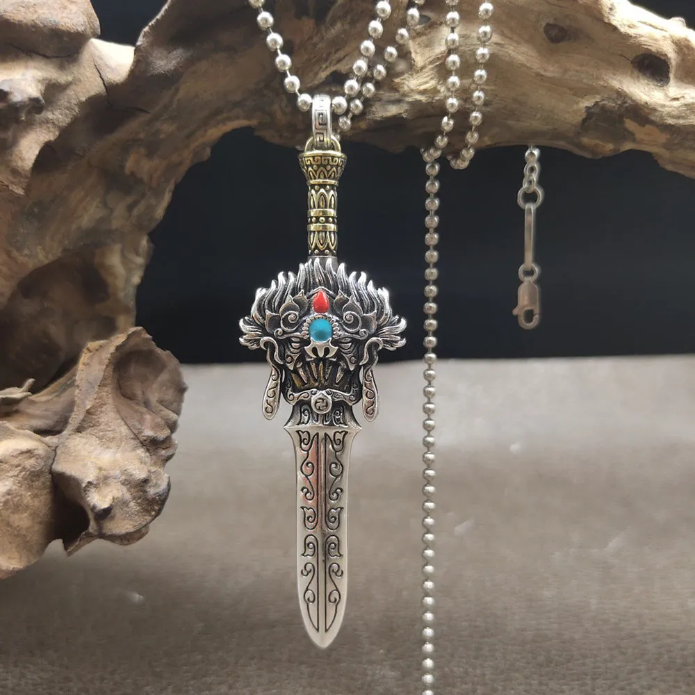 Real Solid 925 Sterling Silver Necklace Pendant Jewelry Dragon King Warrior Sword 24"