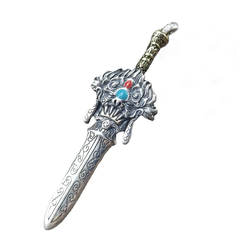 Real Solid 925 Sterling Silver Necklace Pendant Jewelry Dragon King Warrior Sword 24"