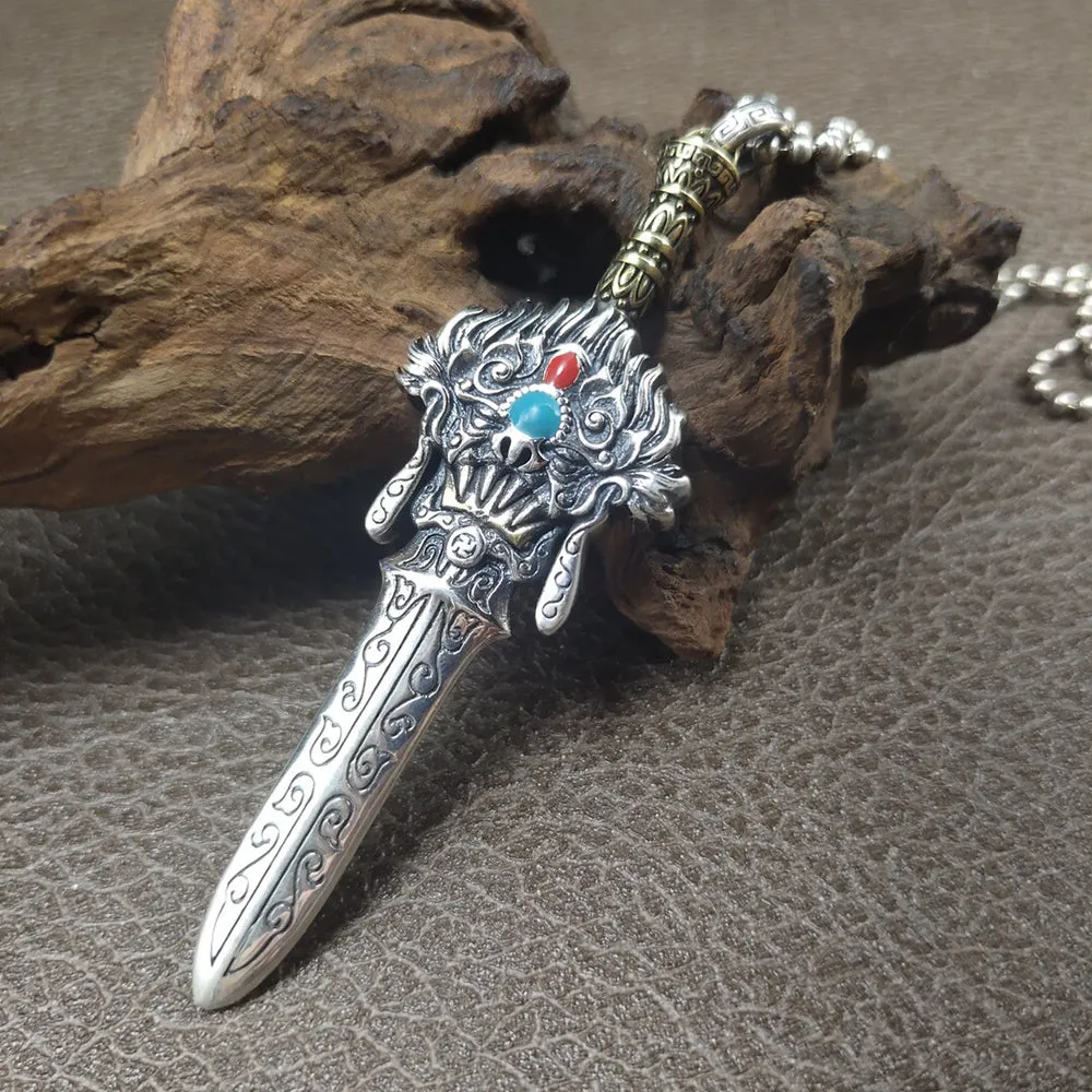 Real Solid 925 Sterling Silver Necklace Pendant Jewelry Dragon King Warrior Sword 24"