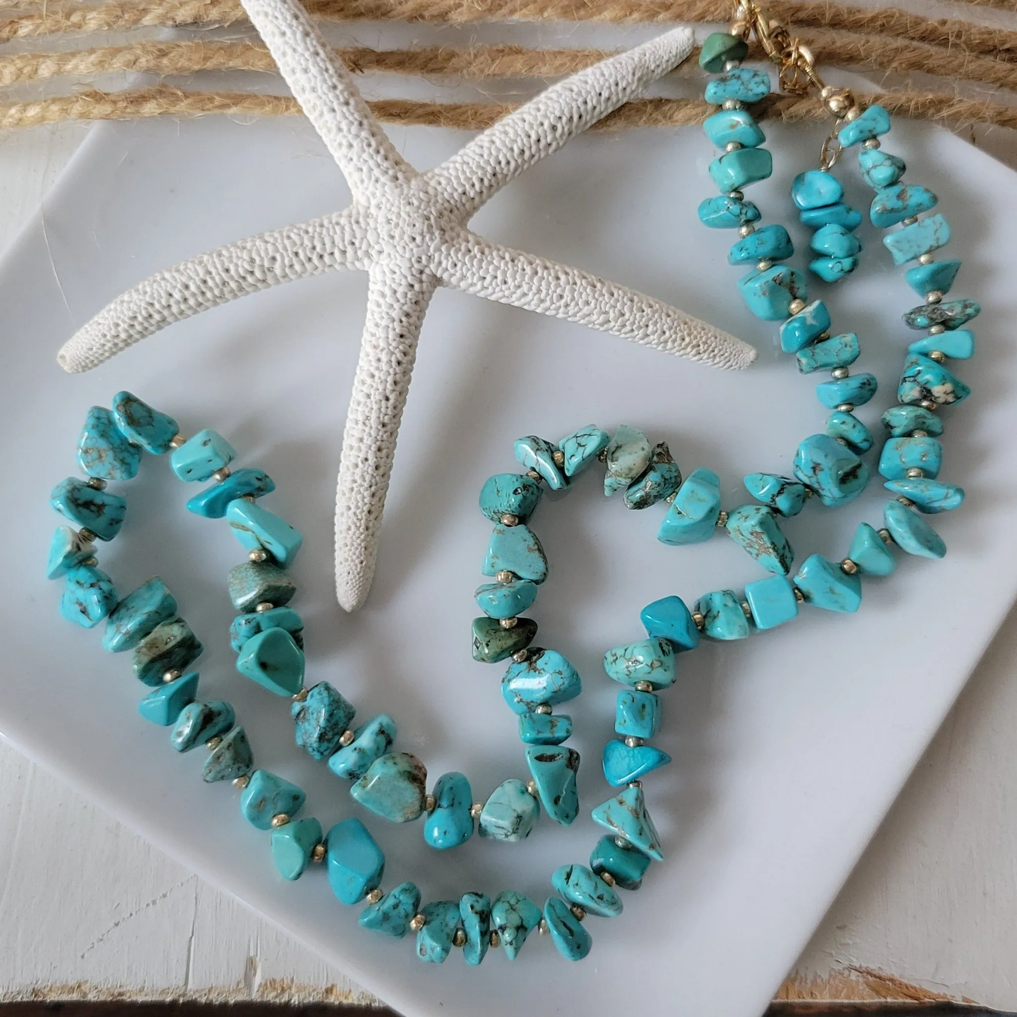 Real Turquoise and 14kt Gold Beaded Necklace, Bracelet, Earrings, or Set