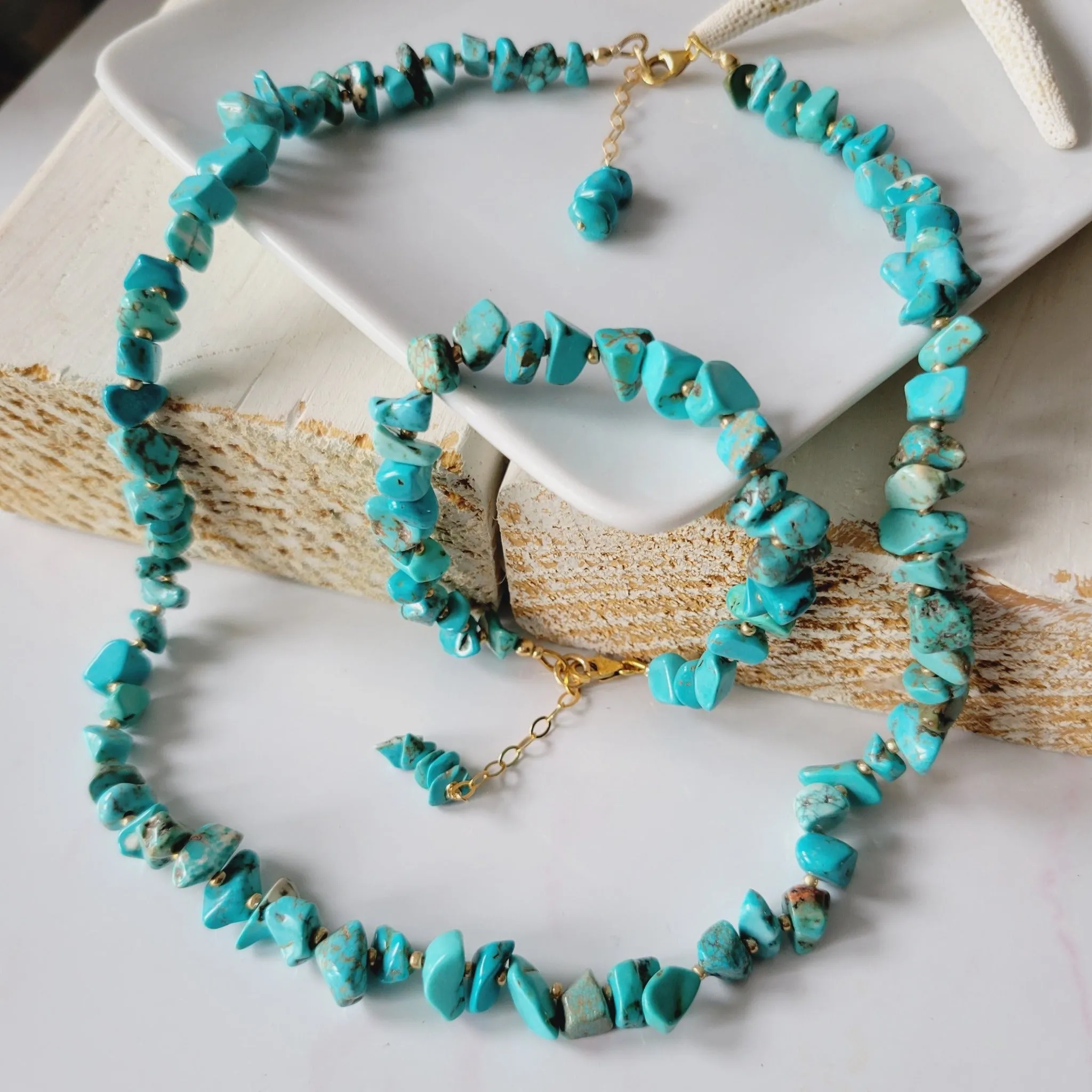 Real Turquoise and 14kt Gold Beaded Necklace, Bracelet, Earrings, or Set