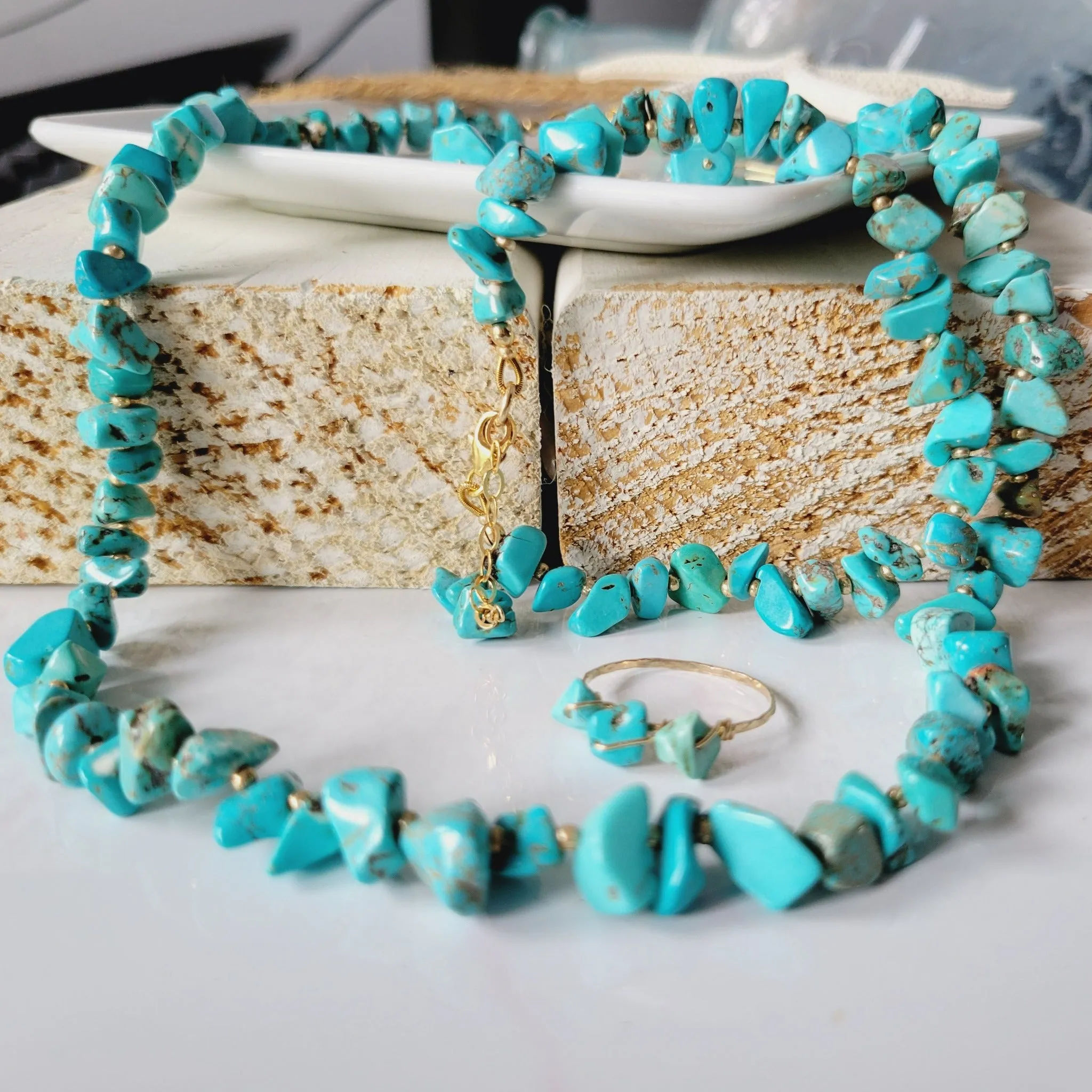 Real Turquoise and 14kt Gold Beaded Necklace, Bracelet, Earrings, or Set