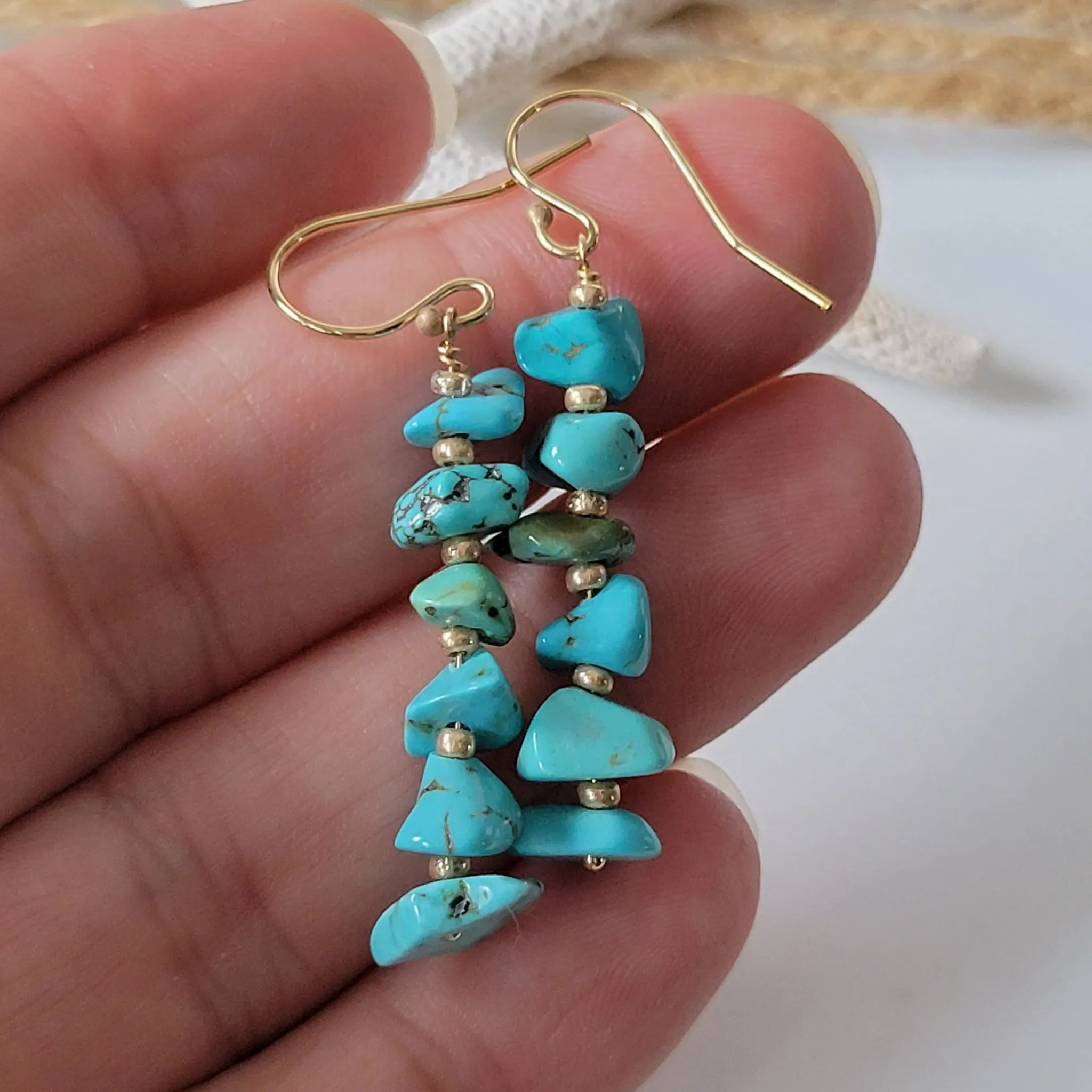 Real Turquoise and 14kt Gold Beaded Necklace, Bracelet, Earrings, or Set